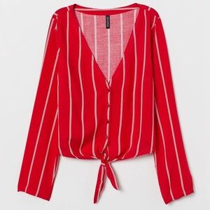 H&M Pinstripe Tie Front Button Down V-Neck Long Sleeve